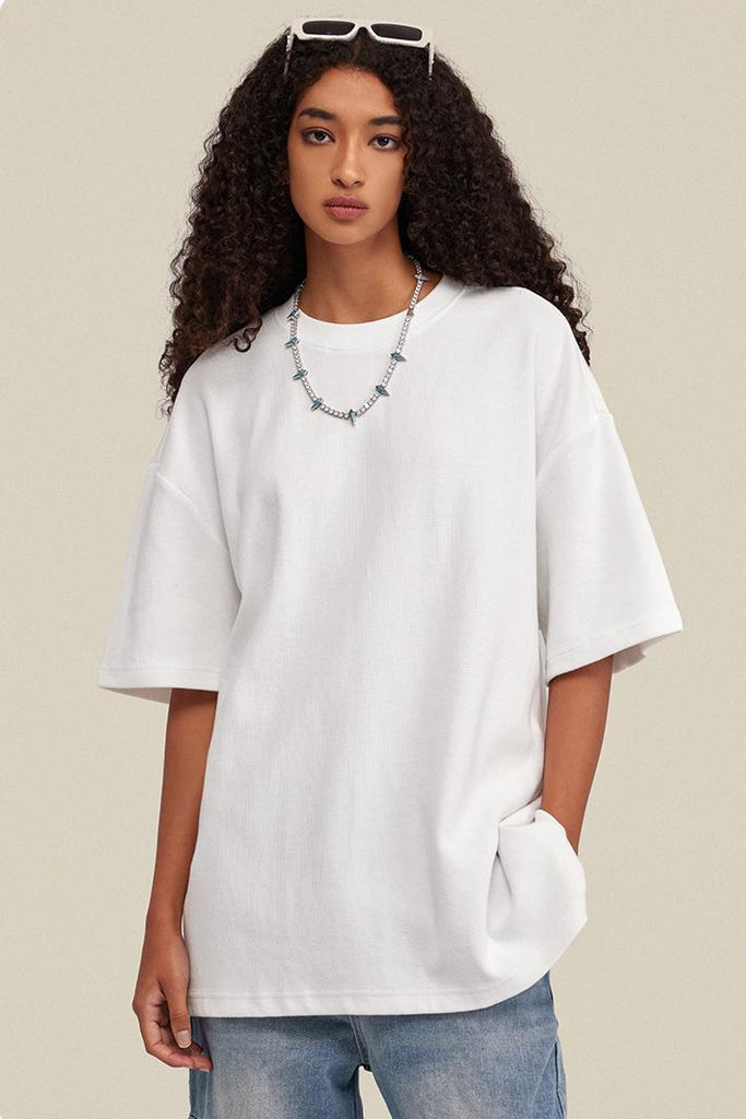 Summer Oversized Waffle Tee - Oversized Waffle Tee - 100% cotton - Relaxed fit - Ribbed neck, cuffs Welcome shop the whole look above to match clothes easily~ Free shipping for orders above $99 15% OFF ON FIRST ORDER>>Code:NEW15