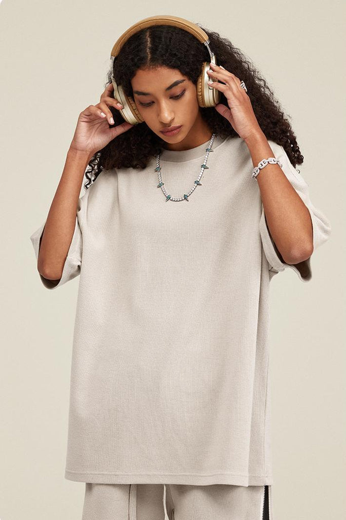 Summer Oversized Waffle Tee - Oversized Waffle Tee - 100% cotton - Relaxed fit - Ribbed neck, cuffs Welcome shop the whole look above to match clothes easily~ Free shipping for orders above $99 15% OFF ON FIRST ORDER