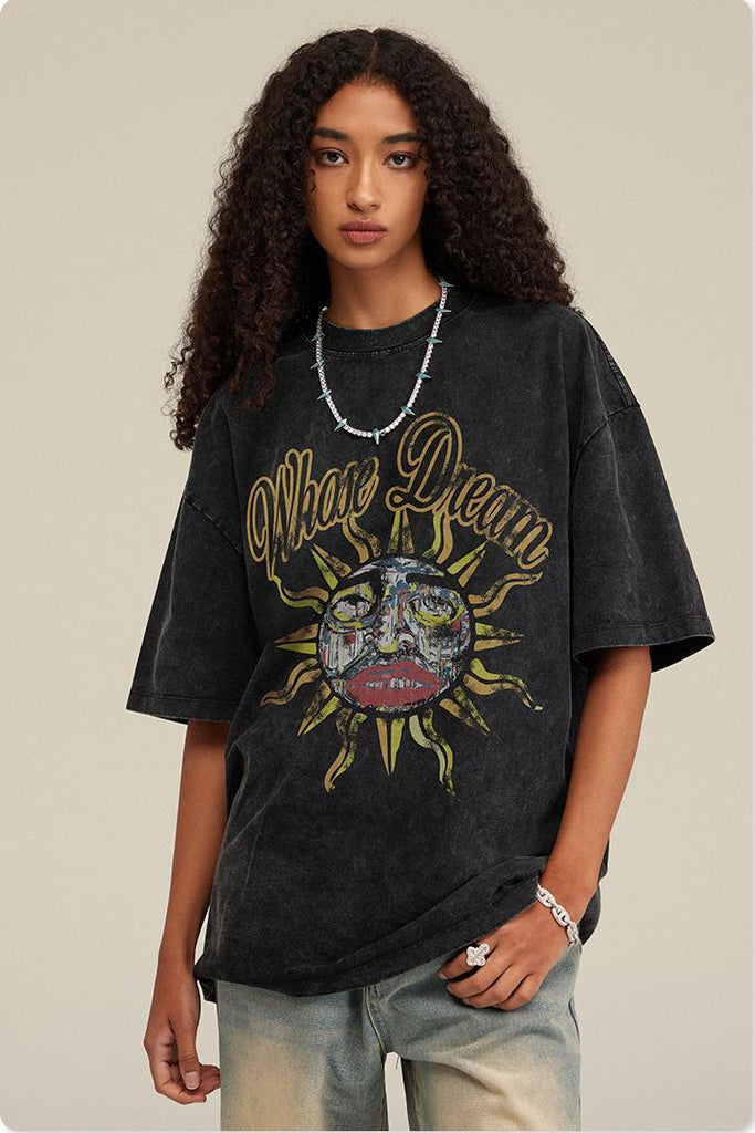 Summer Screen Printed Pigment Dyed Tee - 100% cotton - Ribbed neck - Screenprinted graphics on front Welcome shop the whole look below to match clothes easily~ Free shipping for orders above $99 15% OFF ON FIRST ORDER>>Code:NEW15