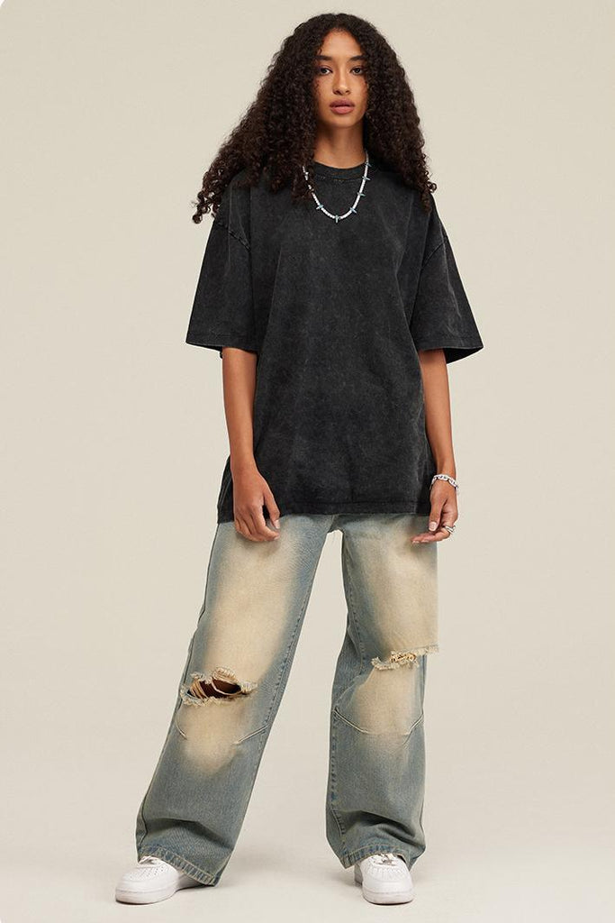 Summer Oversized Pigment Dyed Tee - Oversized Pigment Dyed Tee - 100% cotton - Relaxed fit - Ribbed neck, cuffs Welcome shop the whole look above to match clothes easily~ Free shipping for orders above $99 15% OFF ON FIRST ORDER>>Code:NEW15