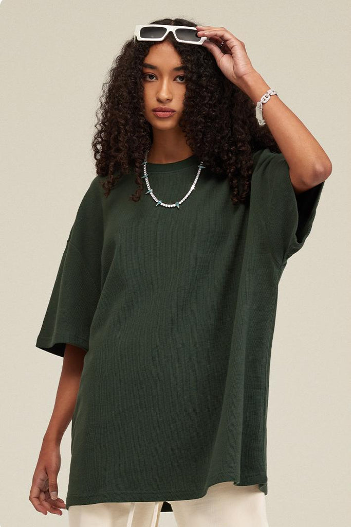 Summer Oversized Waffle Tee - Oversized Waffle Tee - 100% cotton - Relaxed fit - Ribbed neck, cuffs Welcome shop the whole look above to match clothes easily~ Free shipping for orders above $99 15% OFF ON FIRST ORDER