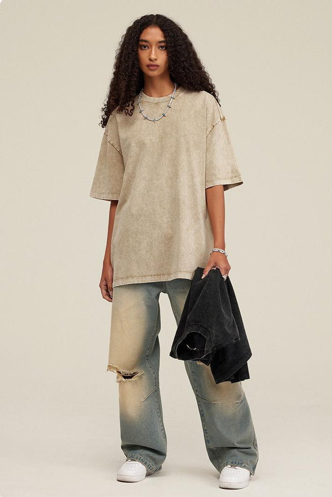 Summer Oversized Pigment Dyed Tee - Oversized Pigment Dyed Tee - 100% cotton - Relaxed fit - Ribbed neck, cuffs Welcome shop the whole look above to match clothes easily~ Free shipping for orders above $99 15% OFF ON FIRST ORDER>>Code:NEW15